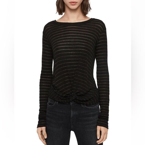 All Saints Carme Shimmer Stripe Twist Tee M Metallic Black Gold - Picture 1 of 10